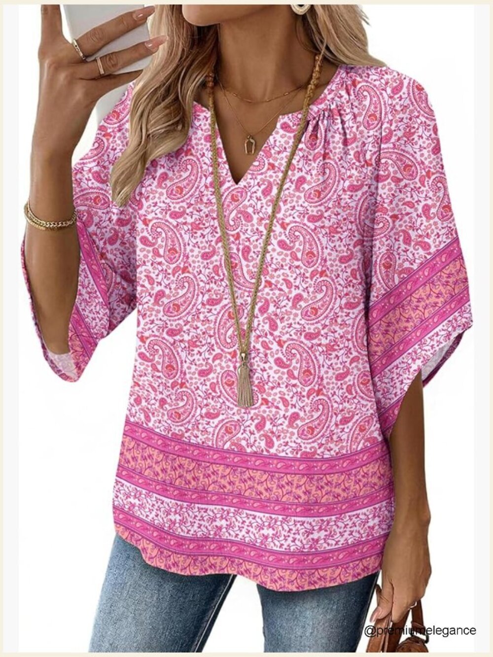 3/4 Sleeve V Neck Bohemian Tunic Blouse Flowy Peasant Top